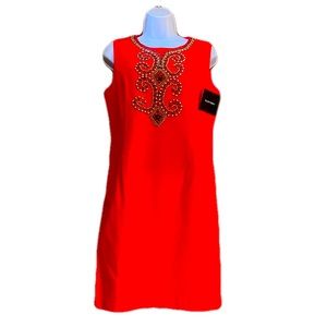 Ellen Tracy Sleeveless Beaded Dress (Hot Coral)
